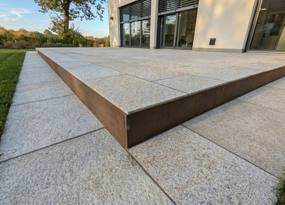 Neue Terrasse mit Cortenstahleinfassung