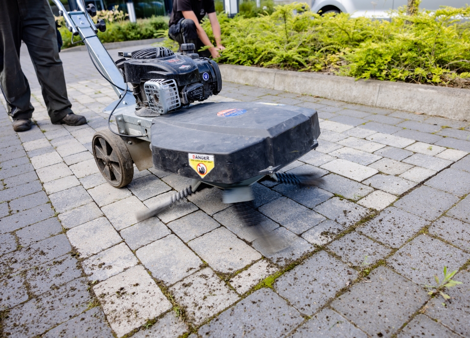 Gründliche Reinigung von Fugen auf einem Parkplatz